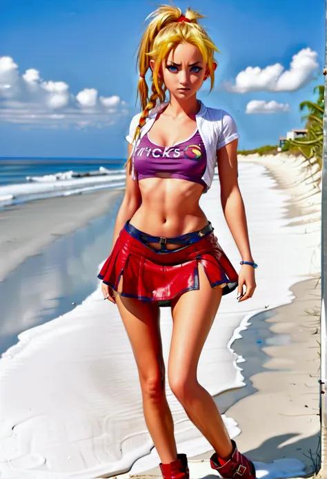 (promotional art), (full length portrait:1.4), (kid from chrono cross), break: yellow hair in high ponytail braid, sapphire blue...