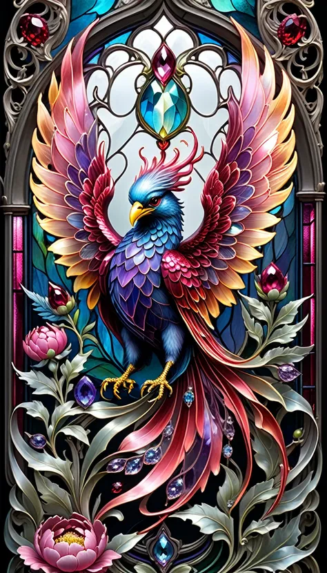 triadic colors, cinematic, official art, close fairytale transparent glass phoenix ruby peony flowers, ice hoarfrost, baroque, Craola, highly detailed stained glass wings, amethyst crystals, labradorite iridescent crystals, Andy Kehoe, John Blanche, comple...