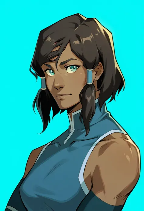 score_9, score_8_up, score_7_up, break shadow, portrait, 1girl, solo, korra, medium hair, dark skin, blue background, turtleneck...