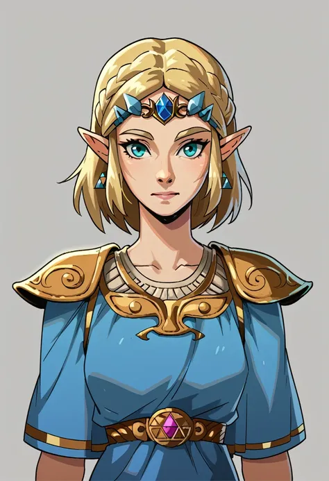 score_9, score_8_up, score_7_up, break 1girl, solo, princess zelda, portrait, grey background, glowing, blonde hair, blue shirt,...