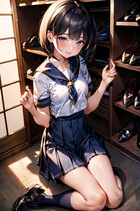 Browsing Caution,​(Highest quality, 8k, masterpiece:1.3,beautiful girl), (Very detailed)Glowing Skin,((Short sleeve, cute navy sailor suit, Navy Pleated Skirt, Navy sailor collar, Blue Sailor Scarf, socks, Brown Loafers)), ,(Perfect Anatomy, Anatomically c...