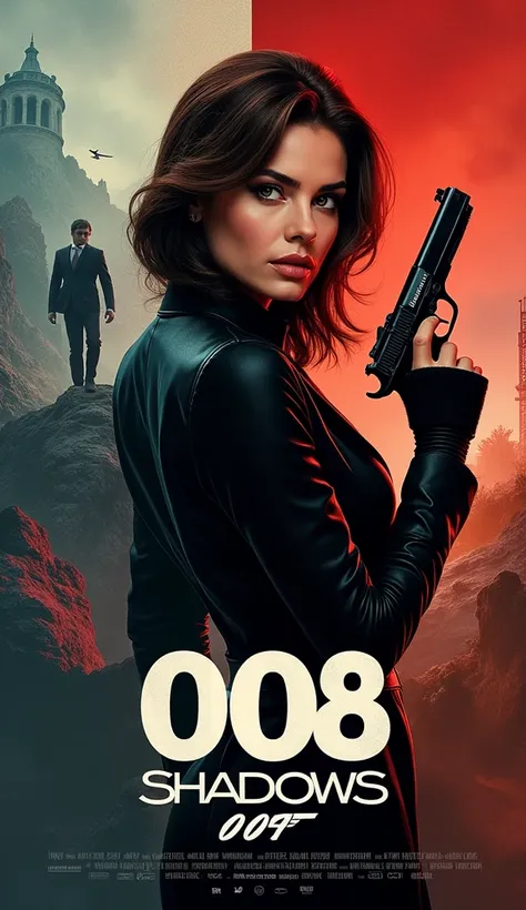 A striking and appealing cinema poster featuring a stylish portrait of a young elegant woman in the style of a bond girl with walther ppk 
The title of the film "008: Shadows of the Past" is large and easy to read, in a distinctive font.
Background: A them...