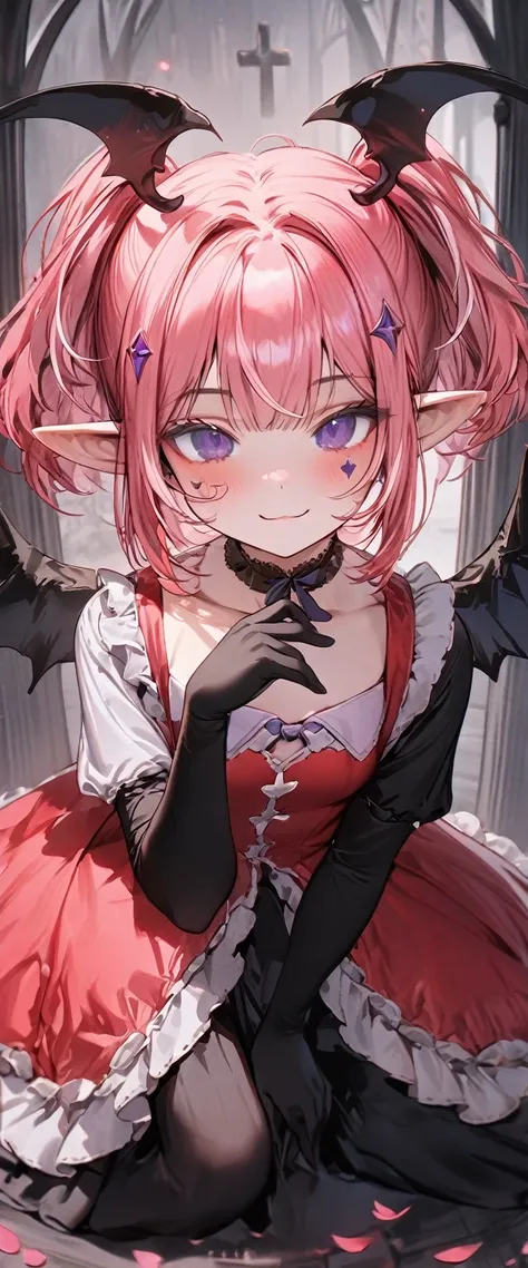 UHD, masterpiece, best quality, extremely detailed, anatomically correct, sharp focus, Midnight, gloomy atmosphere, Church, altar isle, 1girl, solo, camilavtuber, pink hair, short hair, shoulder length hair, (black head wings:1.1), (twin ponytail), PURPLE ...