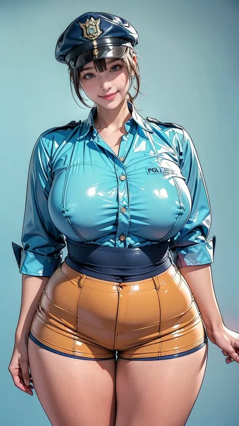 Blue blank background, (1girl:1.3), Photo from the waist up, Anatomically correct, Accurate Anatomy, (Fitted clothing, Camel Knob, A light blue fitted shirt made of latex, Navy blue latex shorts, Police style:1.3), Smiling with some teeth showing, (Thick t...