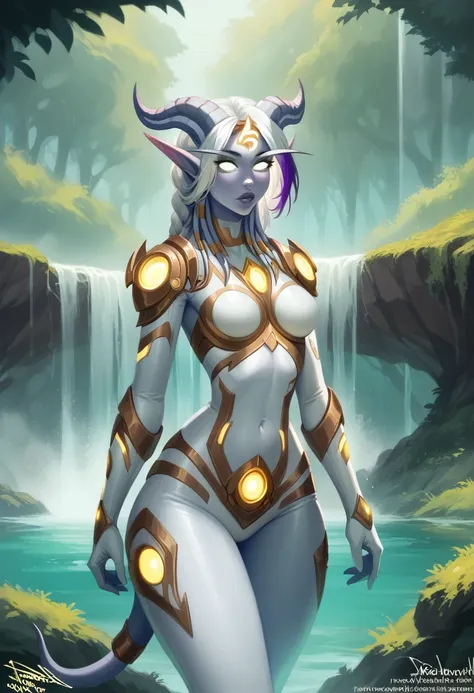 a lightforged draenei and nightelf hybrid woman with pale white skin, long pointy ears and draenei horns, large chest, narrow wa...