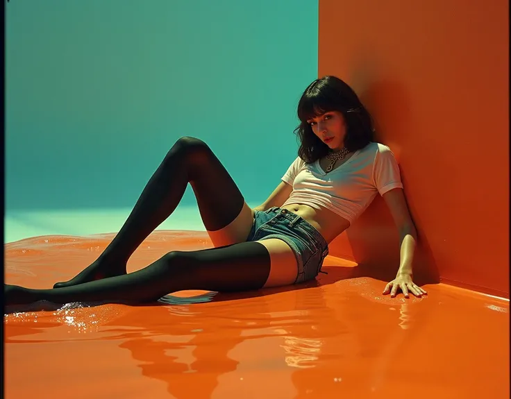 70s setting, grainy analog film, abstract art, stylish legend, artwork, conceptual art, fallen, drama, indulges in fetish, rubber black stockings, vintage liquid jeans cut-offs, t-shirt, slave collar, heels, sex in slime, orange blue, black, void