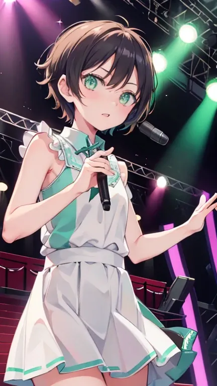 idol on stage, mid short hair, gret + green eye female