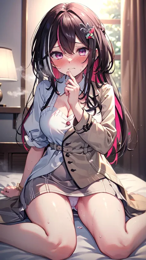 (Highest quality:1.2), (Super detailed:1.2),(masterpiece:1.2),(8k:1.2),(Blessed,Captivating body、Extremely elaborate hands、Very fine eye、Super detailedな肌、Highly detailed face,Detailed Background),one person&#39;s、large breasts,
night,dark bedroom,sitting o...