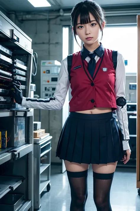 masterpiece, Best Quality, Extremely detailed, Japaese android highschool Girl,Plump ,Navy Pleated Mini Skirt,Black tights,control panels,android,Droid,Mechanical Hand, Robot arms and legs, Black Robot Parts,Black hair,Mechanical body,Blunt bangs,White abd...