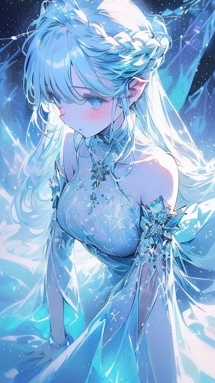 ((Highest quality)),((Detailed anime)),(((Delicate winter fairy, Icy blue wings, Dancing gracefully in the snowy forest. Her hair is as white as fresh snow, Decorated with tiny icicles that sparkle in the moonlight. She is wearing a gown made of frosty lac...