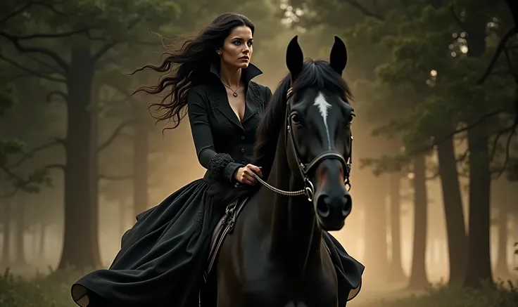 A woman resembling Monica Bellucci rides a black horse. Wavy hair, Victorian era, night, forest, full moon.