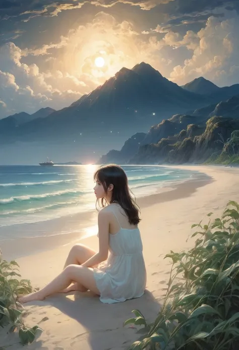 (A masterpiece of the highest quality:1.2)、Very detailed illustrations，Perfectly shows the girl in the doomsday beach scenery。In the silence of the night、There is an atmosphere that is both sad and hopeful.。 The Girl sits on the soft vegetation of the sand...