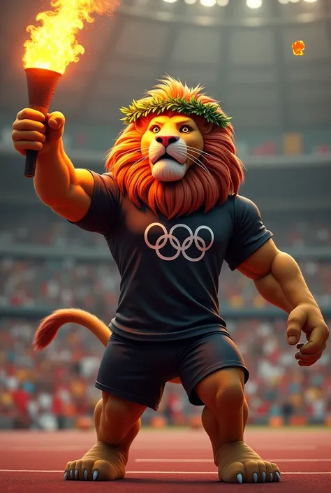 Create an image of an Olympic lion wearing a black t-shirt with the letters cndc, wearing a green laurel wreath and holding the lit Olympic torch