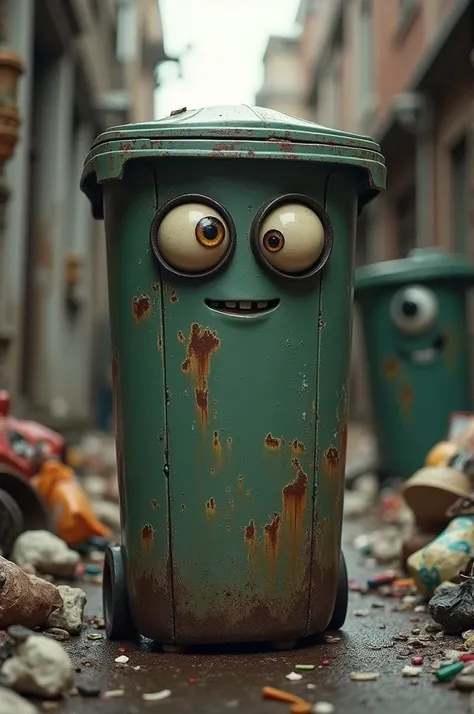 A garbage can with eyes