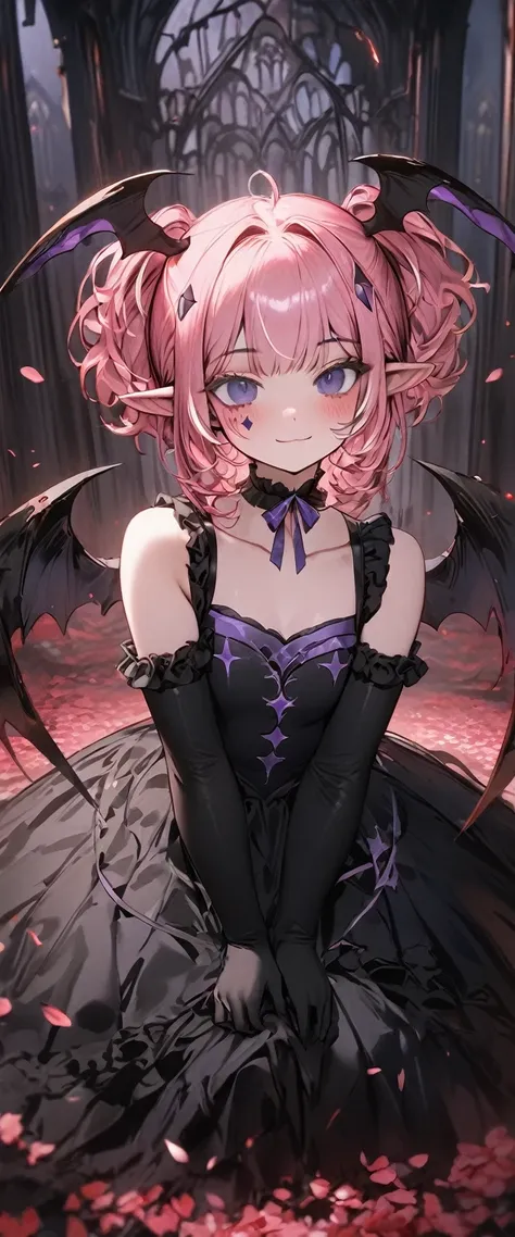 UHD, masterpiece, best quality, extremely detailed, anatomically correct, sharp focus, Midnight, gloomy atmosphere, Church, altar isle, 1girl, solo, camilavtuber, pink hair, short hair, shoulder length hair, curly hair,  (black head wings:1.2), (twin ponyt...