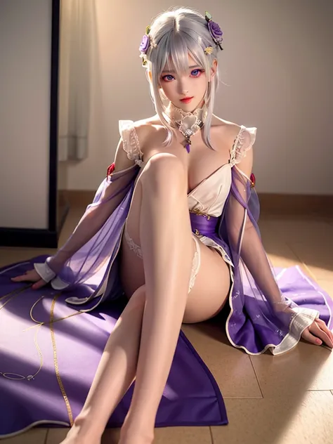 realisitic, 1 girl, White hair, purples eyes, glare eyes, top cut, overskirt, parted lips, blush, natta, flowers, floor, floorlight, no clothing, sitting, with leg open 