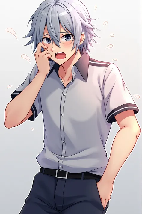 Image 1 of a male anime character with silver hair reaching his shoulders, black eyes, wearing normal uniform, possesses time-related skills, is in pain