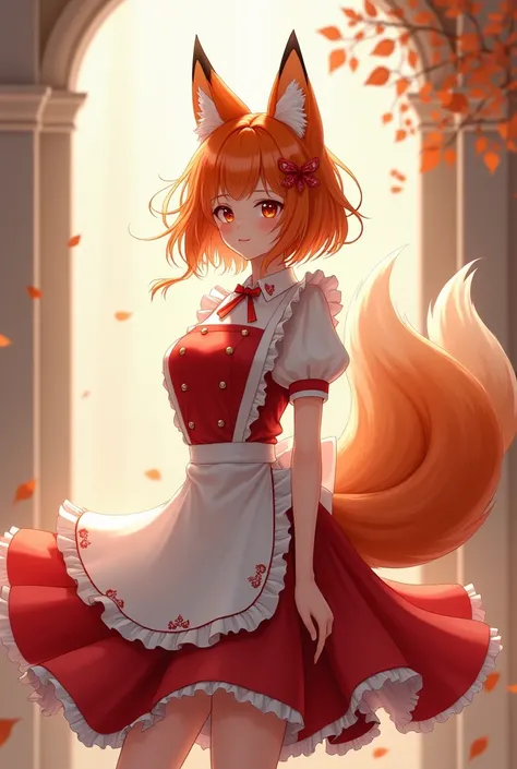 Draw me a sexy girl with fox ears and a tail with orange hair dressed in a white maid costume with a red long skirt