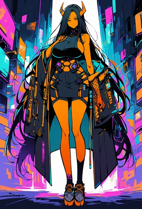 score_9, score_8_up, score_7_up, cyberpunk, whole body, (Orange skin:1.3) Dark black hair, Very long hair,,They are, Horn, (Large Breasts:1.2) , kimono, katana, (Muskyla:0.9), tall woman