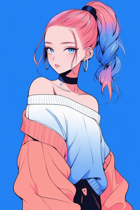 Illustrator, anime , Realistic ,sketch , 1 person, ,lip, Off-the-shoulder sweater, (((whole body))), order, Blue gradient background, Neon Ponytail Hair,Texture Trim, Canadian, (masterpiece,Highest quality) cancer