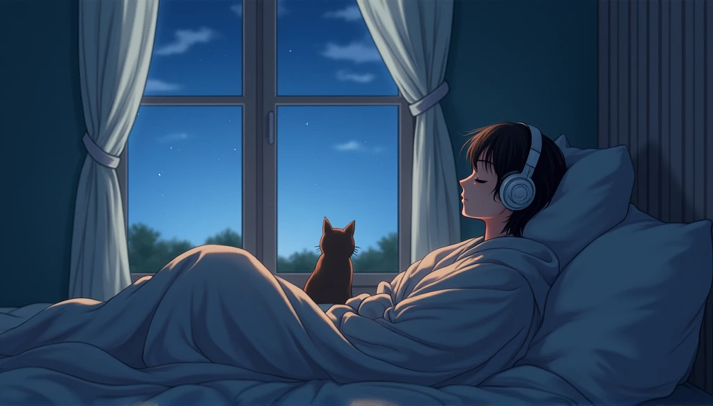 , Lie down and sleep, Wearing a large sweater, Wear headphones, praise, Calm, Calm atmosphere, Looking out the window in the bedroom, nice, night, quiet night, Cat, masterpiece, Highest quality