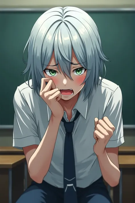 Photo 1 male anime character with silver hair reaching to the eyebrows, green eyes, wearing normal uniform, possesses time-related skills, is in pain