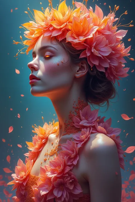 wet rainbow dreaming world, portrait a female made of petals of flower ready to enter into your soul, painting by Charlie Bowater and Michael Mignola, high contrast dynamic lighting, fantasy, eyes of flame, intricate detail, sharp focus, masterpiece, anato...