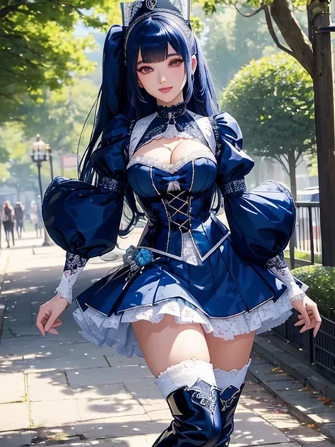 Young Asian woman, 23 years old. Busty. Double D cup,     only 1 female, ((doll-like appearance)), long neon blue stylish hair, ((shiny Victorian-Style boots)), beautiful smile, ultra detailed eyes, vivid eye makeup, lip gloss, long lashes, defined eyebrow...