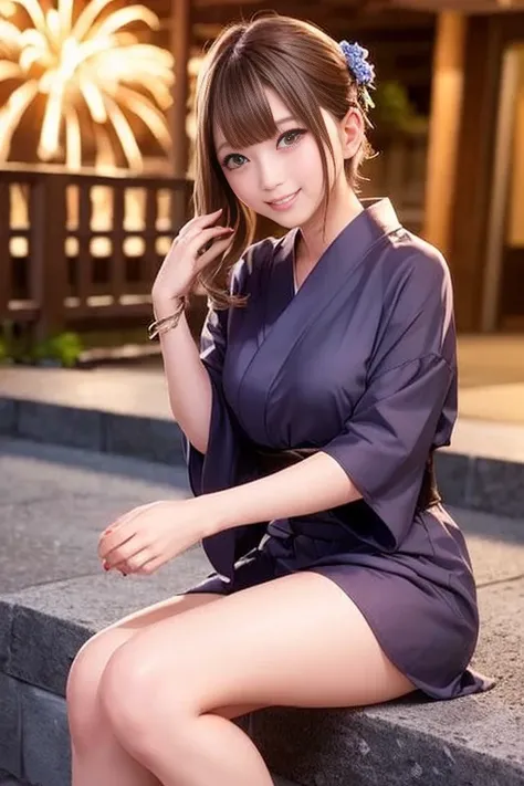 (Fireworks display)、(Cute Yukata、Beautiful yukata、Sexy Yukata、Yukata Cosplay)、Girl sitting on stone steps、21 years old、smile、Long and raw々new legs、Cleavage、Short Bob Hair、Mid-chest、masterpiece:1.3、RAW Photo Quality、Highest quality、Detailed Images、Detailed ...