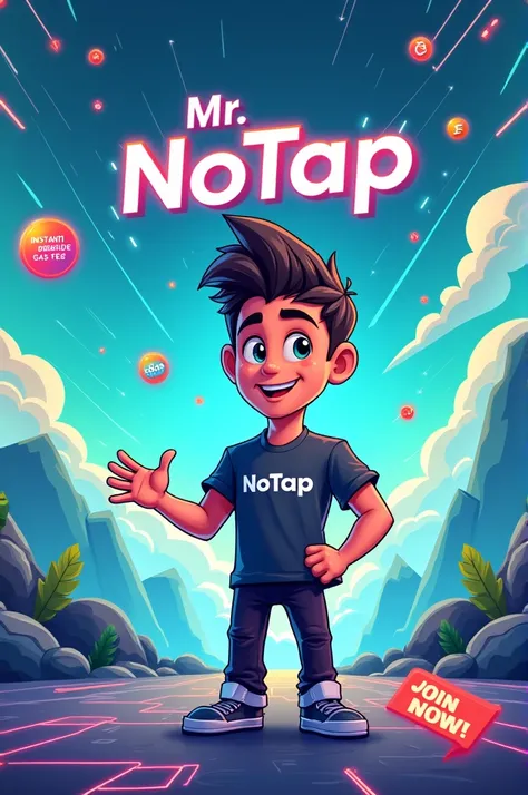 Prompt:

Generate a dynamic and engaging image featuring a cartoon-style character named "Mr. NoTap." 

- Character: Mr. NoTap is a friendly, futuristic character dressed in a sleek, modern outfit with the NoTap logo prominently displayed on his t-shirt. H...