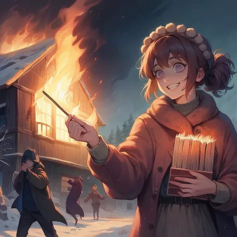 A masterpiece, realistic, delicate animation illustration, funny and crazy. Cinematic proof, 19th century, winter European night, burning house, Little Match Girl watching it. She lights a match and smiles with satisfaction. She is putting on her coat.