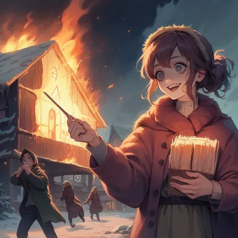 A masterpiece, realistic, delicate animation illustration, funny and crazy. Cinematic proof, 19th century, winter European night, burning house, Little Match Girl watching it. She lights a match and smiles with satisfaction. She is putting on her coat.