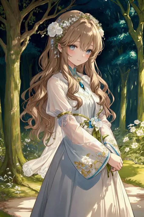 (Masterpiece), ((Highest Quality)),(Official Art),beautiful nature: 1.2),(1 solo anime character: 1.3). An elegant princess with wavy light brown hair and amber eyes, wearing flower hair ornaments under soft, ethereal lighting. Clad in a beautiful yet mode...