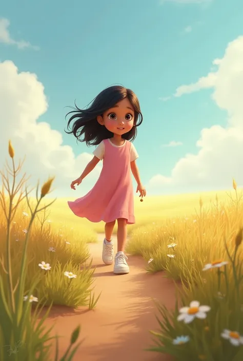 A girl named Sofia, 10 years old( black hair, Brown eyes, of brown tea, dressed in a pink dress and white sneakers) He is walking through a deserted field. In his hand, holds a small seed.