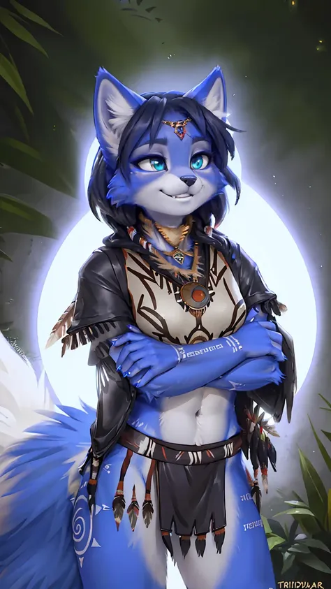 A beautiful and detailed (sweet picture) wa ((krystal)), Star Fox Krystal, sslim, lovable, green eyes, medium breasts, (((Long blue hair 1.3))),  ((Tips for black hair)), Decollete, grin, look up,, anthro, furry, Uploaded E621, detailed fluffy fur, (wa Flu...