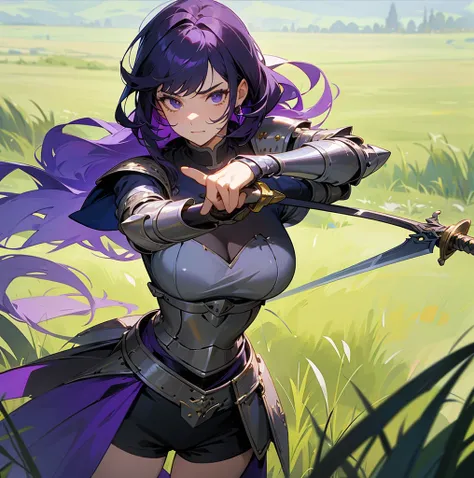 A woman wears the upper half of her knights armor, Lovely face, holding a sword, The other hand holds a necklac, black hair, Standing alone in the grass, The bottom is wearing a short-sleeved shirt, beautiful, 8k, design, purple hair, Dont wear a skirt. We...