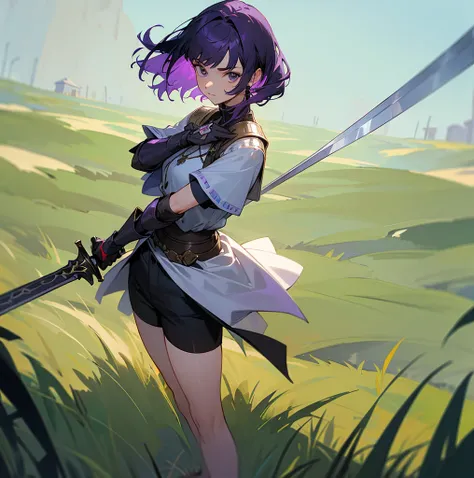 A woman wears the upper half of her knights armor, Lovely face, holding a sword, The other hand holds a necklac, black hair, Standing alone in the grass, The bottom is wearing a short-sleeved shirt, beautiful, 8k, design, purple hair, Dont wear a skirt. We...