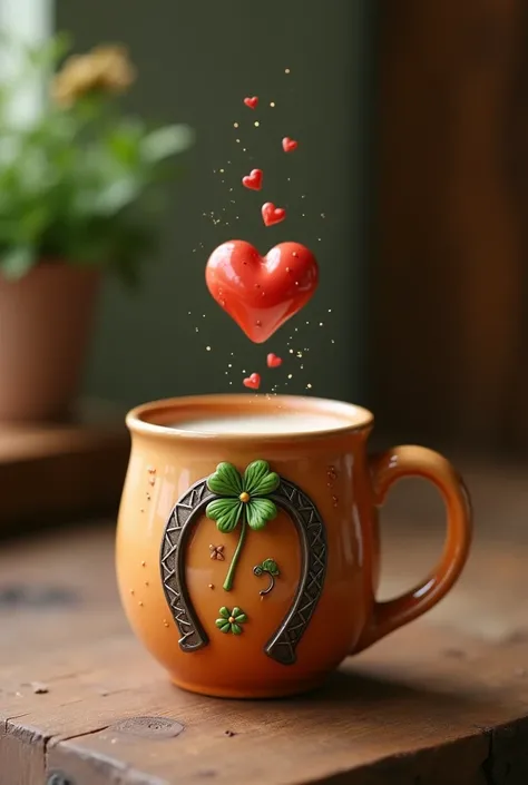 Coffee mug with a heart above a clover and a horseshoe