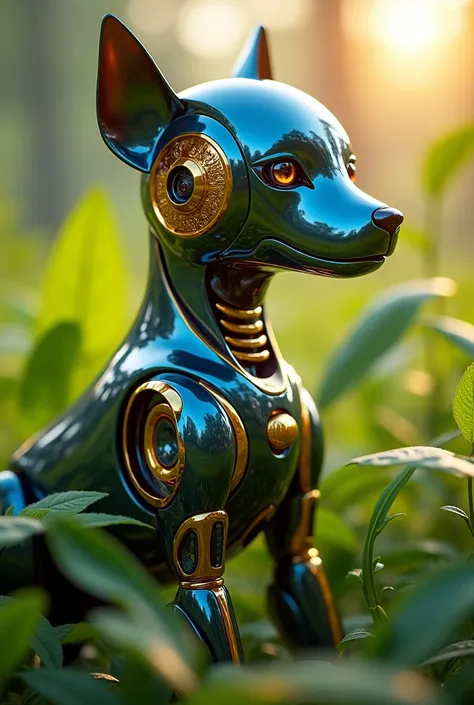 The Thai Robot Dog Glass Beautiful Art Golden and Blue Color Full Body Reflecting the Sunlight Living Among the Green Leaves 3D Cinematic Quality Super Realistic HD Ultra Movie 16k Clarity Lifelike