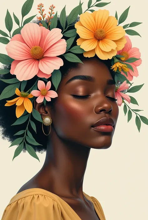 A captivating cinematic illustration of a black American womans face adorned with an intricate arrangement of flowers. The womans eyes are gently closed, embracing the delicate floral embellishments that intertwine around her features. The flowers and leav...