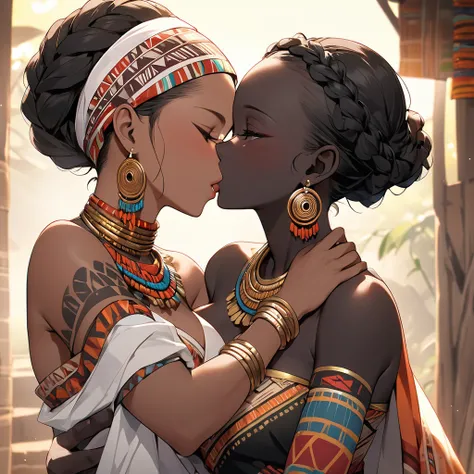 ((Highest quality)), ((masterpiece)), (detailed), （Perfect Face）、The woman is wearing the tribes bridal attire, embracing the tribal man tightly, sharing a deep kiss, expressing their love for each other, and celebrating their wedding.、The woman has bright...