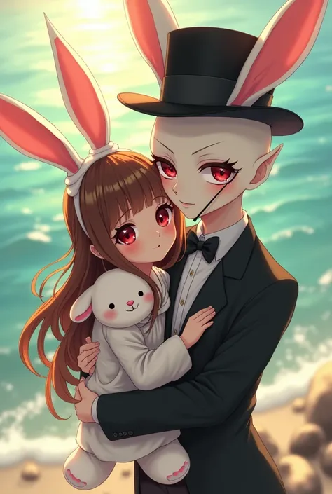 6 year old girl with long brown hair, eyes I envy you, sea water and light brown skin with a white bunny stuffed animal (The stuffed animal has red eyes, fancy suit and a monocle), The girl was carried by a 27-year-old man, albino with red eyes and short h...