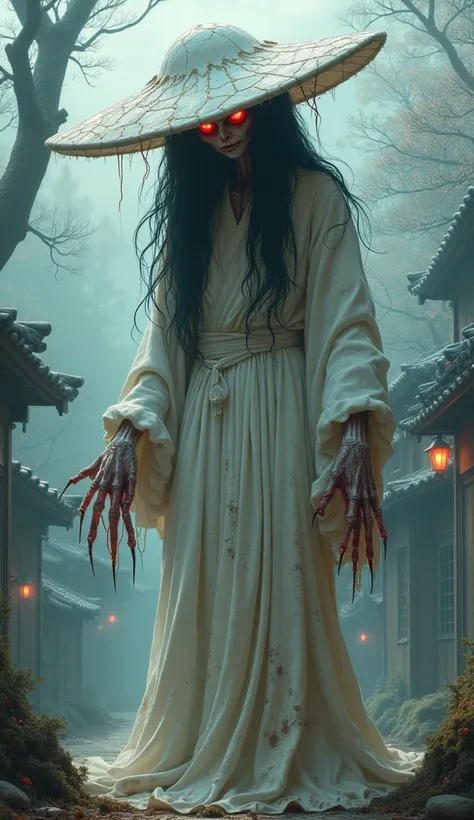 "Depict Hachishaku-sama, the Eight Feet Tall spirit from Japanese folklore, transformed into the ultimate demon while retaining her iconic features. She stands at an imposing height of 240cm, her form twisted and terrifying. Her once elegant white dress is...