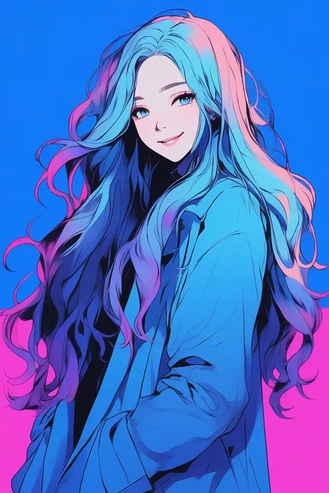 Illustrator, anime , Realistic ,sketch , 1 person, ,lip, Long coat, smile, ((whole body)), order, Blue gradient background, Neon Long Hair,Texture Trim, Canadian, (masterpiece,Highest quality) cancer