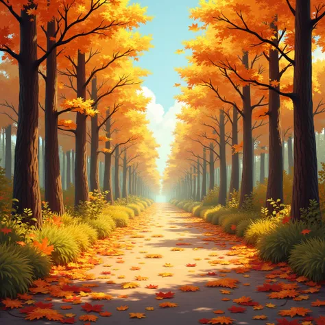 a full shot at eye-level reveals a pathway strewn with fallen leaves in a forest, bathed in the warm glow of autumn. the leaves, a vibrant mix of orange, yellow, and red, are scattered across the pathway, adding a touch of autumnal charm to the scene. the ...