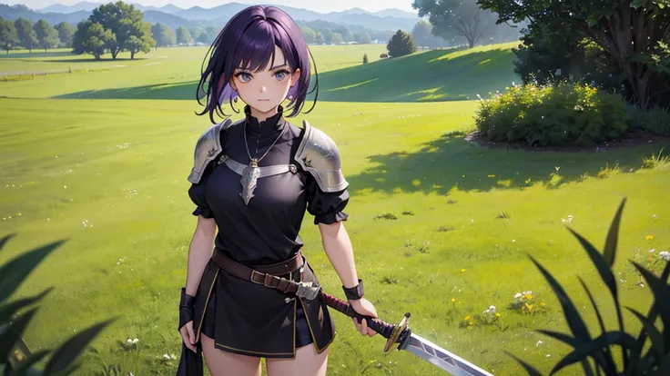 A woman wears the upper half of her knights armor, Lovely face, holding a sword, The other hand holds a necklac, black hair, Standing alone in the grass, The bottom is wearing a short-sleeved shirt, beautiful, 8k, design, purple hair, Dont wear a skirt. We...