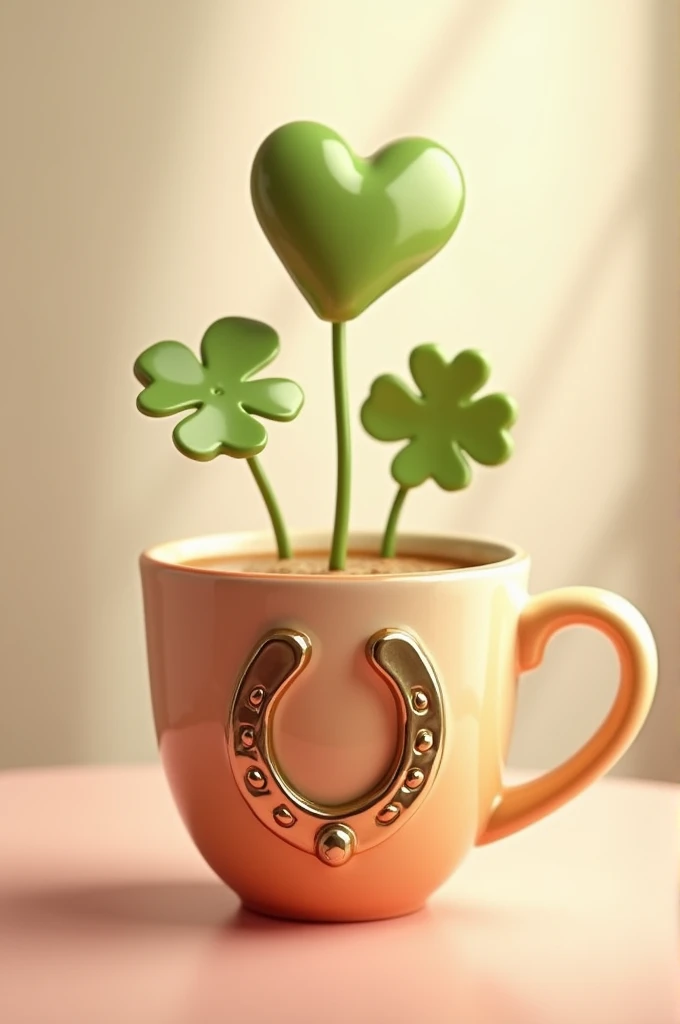 Coffee mug with a heart above a clover and a horseshoe