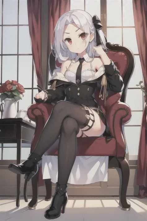 Vittorio_Veneto (warship girls r),((masterpiece)),(((best quality))),((ultra-detailed)),((illustration)),((disheveled hair)),((frills)),(1 girl),(solo),1girl, animal, armchair, ass, bangs, bare shoulders, black bow, black dress, black footwear, black legwe...