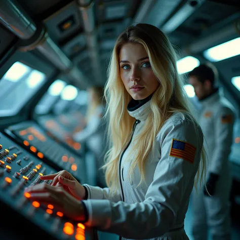 Epic scene a spacecraft, showcasing a white woman, 40 years old, long straight blond hair, blue eyes, slim, is behind the board making adjustments, wearing a space suit, full body, historical photography, ultra - realistic, natural light, Canon 5D, DSLR, 5...