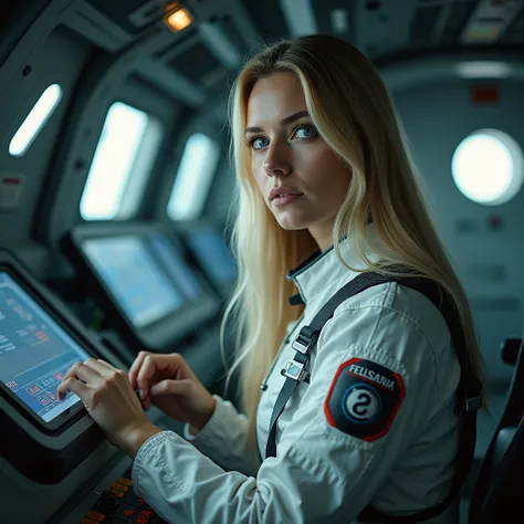 Epic scene a spacecraft, showcasing a white woman, 40 years old, long straight blond hair, blue eyes, slim, is behind the board making adjustments, wearing a space suit, full body, historical photography, ultra - realistic, natural light, Canon 5D, DSLR, 5...